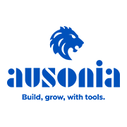 Logo di Ausonia con leone blu e slogan Build, grow, with tools.