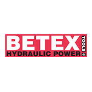 Logo Betex Hydraulic Power Tools, sfondo rosso, testo bianco e nero, evidenzia strumenti idraulici professionali.