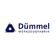 Logo di Dümmel Werkzeugfabrik con triangolo blu e testo blu su sfondo bianco.