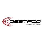 Logo Destaco, azienda Stabilus, con design rosso e nero, simbolo di precisione e innovazione ingegneristica.