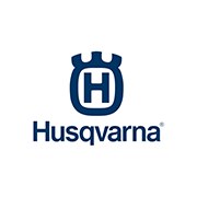 Logo Husqvarna con simbolo blu e nome su sfondo bianco.