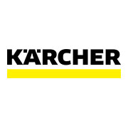 Logo Karcher, scritta nera su sfondo bianco con striscia gialla orizzontale, design minimalista.