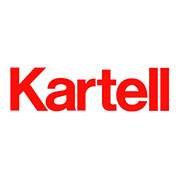 Logo Kartell con scritta rossa su sfondo bianco, design contemporaneo del marchio italiano di arredamento.
