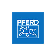 Logo di PFERD su sfondo blu con illustrazione di un cavallo stilizzato in bianco.