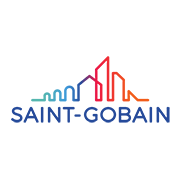 Logo Saint-Gobain con silhouette colorata di edifici sopra il nome dell'azienda.