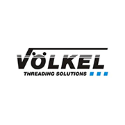 Logo di Völkel con testo Threading Solutions e tre quadrati blu su sfondo bianco.