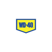 Logo WD-40 su sfondo bianco: il classico design blu e giallo dell'iconico prodotto lubrificante.
