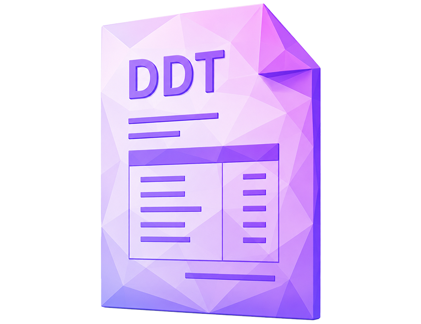 Purple low-poly design of a DDT document icon, featuring text and table elements, on a gradient background.