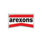 Logo del marchio Arexons con sfondo bianco e design geometrico rosso e nero.