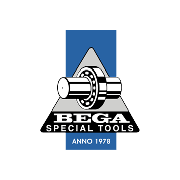 Logo Bega Special Tools con illustrazione di un cuscinetto e testo Anno 1978 su sfondo blu e grigio.