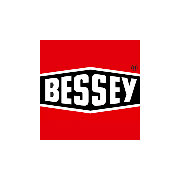 Logo Bessey su sfondo rosso, scritta bianca e nera al centro del design rettangolare.