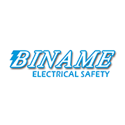 Logo Biname Electrical Safety con testo blu su sfondo bianco.