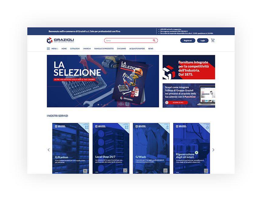 Homepage dell'e-commerce Graziosi, promozione La Selezione con oltre 400 articoli per il lavoro, servizi innovativi.