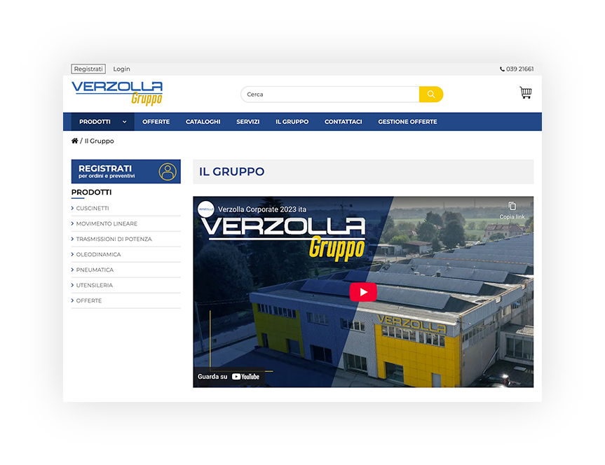 Pagina web di Verzolla Gruppo con video YouTube aziendale e menu prodotti a sinistra.