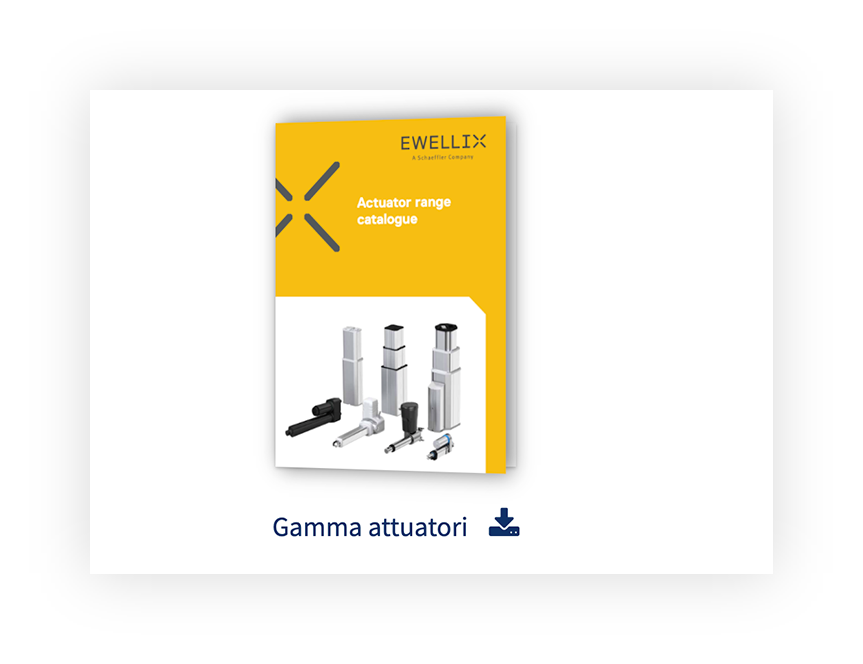 Copertina del catalogo Ewellix su fondo bianco, mostra attuatori lineari di diverse dimensioni e modelli.