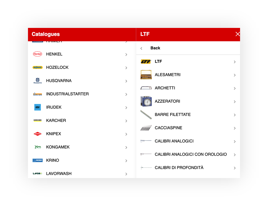 Menu di cataloghi di utensili: Henkel, Hozelock, Husqvarna e altri, con dettagli del catalogo LTF.