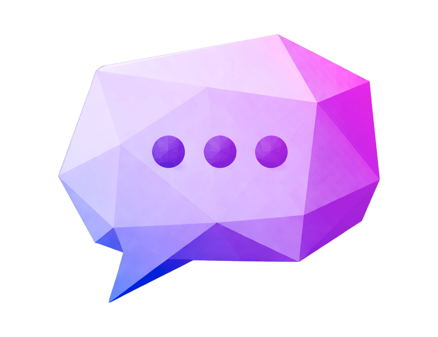 Illustrazione geometrica 3D di un fumetto viola e blu con tre punti, simbolo di comunicazione digitale.