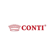 Logo del marchio Conti con il disegno di una corona rossa sopra il testo su sfondo bianco.