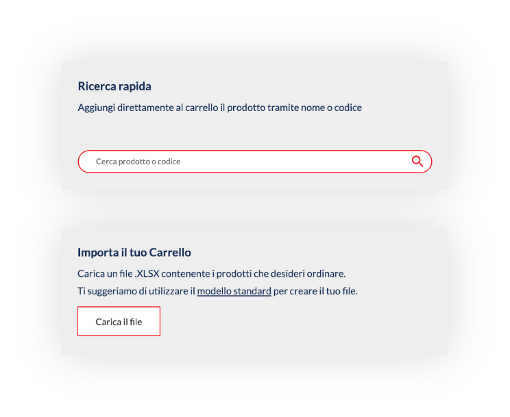 Cerca prodotti o importa file XLSX per carrello. Opzioni per aggiunta diretta o tramite modello standard.