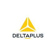 Logo Delta Plus con triangolo giallo sopra il nome, design moderno e riconoscibile su sfondo bianco.