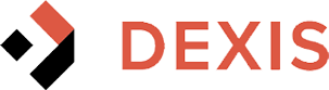 Logo della società Dexis con design geometrico nei colori rosso, nero e grigio.