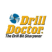 Logo di Drill Doctor, affilatore per punte trapano, con testo giallo e simbolo blu su sfondo bianco.
