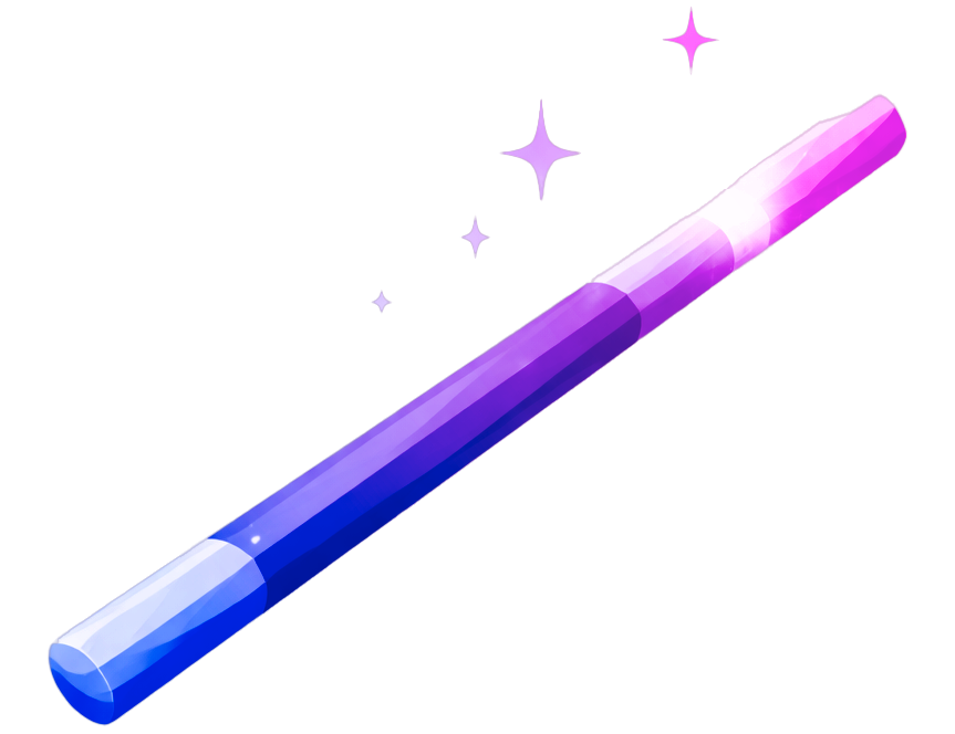 Bacchetta magica viola e blu con scintille luminose, simbolo di magia e fantasia.