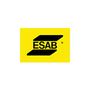 Logo ESAB su sfondo giallo, con il nome in caratteri neri e un design diagonale.
