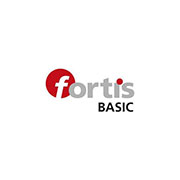 Logo di Fortis Basic con testo in grigio e rosso su sfondo bianco, design semplice e moderno.