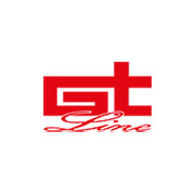 Logo gt line in rosso su sfondo bianco, caratteri stilizzati e moderni.