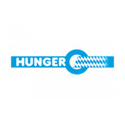 Logo blu con la parola HUNGER in bianco, accompagnata da un design a quadri in bianco e blu.