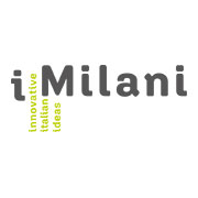Logo iMilani con il testo verticale: innovative italian ideas in verde, semplice e moderno.