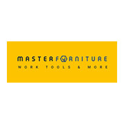 Logo di MasterFurniture su sfondo giallo con slogan Work Tools & More in caratteri blu scuro.
