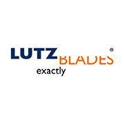 Logo di Lutz Blades con testo arancione e blu su sfondo bianco, motto exactly in basso.