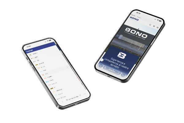 Due smartphone visualizzano un'app di gestione finanziaria e un sito web aziendale, su sfondo bianco.