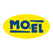 Logo MO-EL su sfondo giallo con testo blu, design ovale.