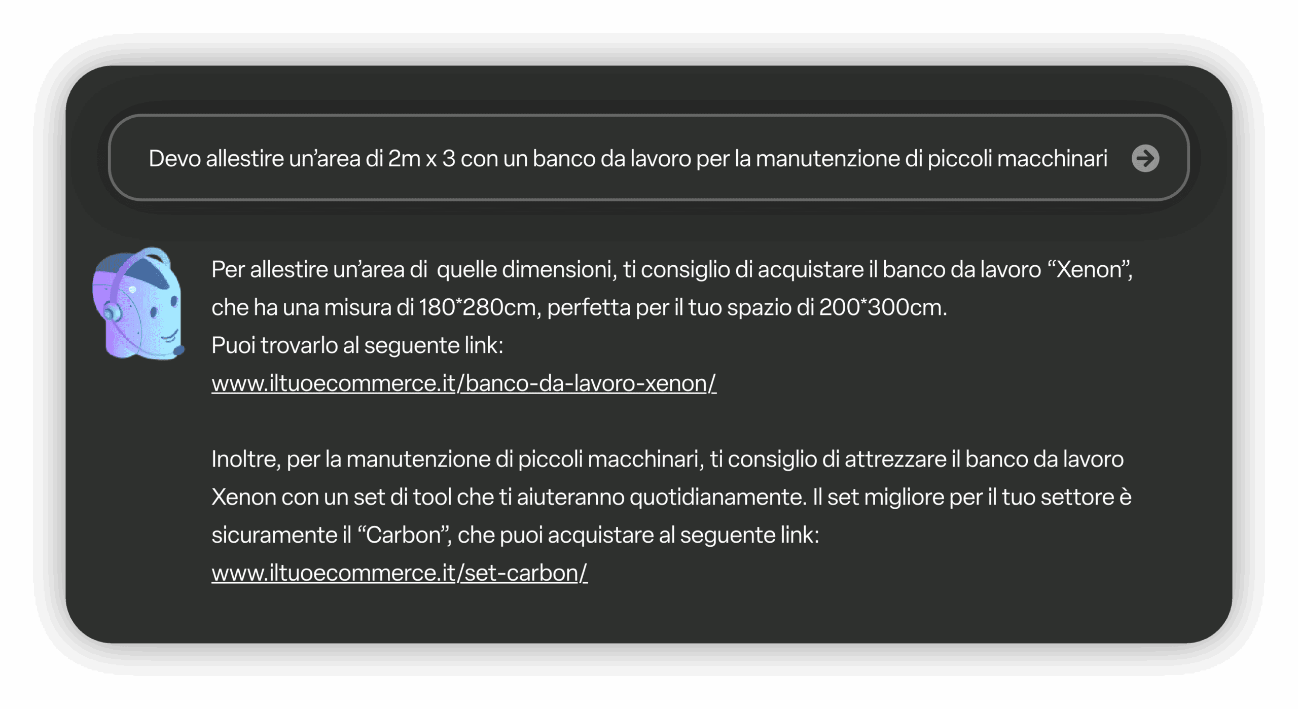 Popup che consiglia un banco da lavoro Xenon per area 2x3m e set tool Carbon per manutenzione macchinari industriali.