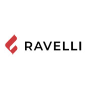 Logo Ravelli con simbolo rosso su sfondo bianco, design semplice ed elegante, associato a un marchio di fiducia.