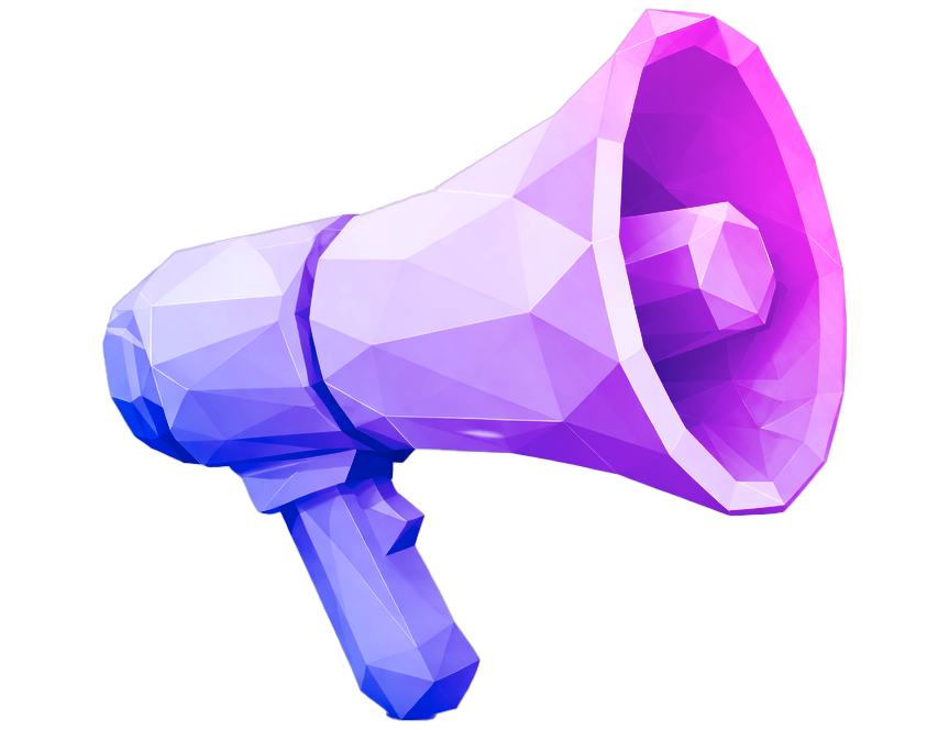Megafono viola e blu in stile poligonale, simboleggia comunicazione e promozione digitale innovativa.