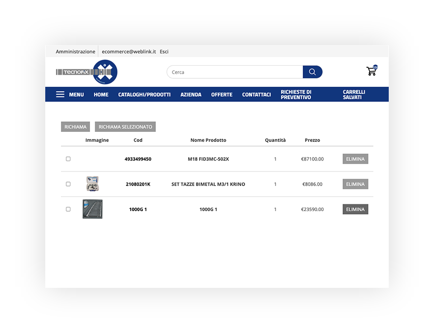 Screenshot di un'interfaccia web di un carrello e-commerce con prodotti e opzioni di gestione.