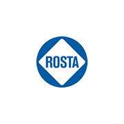 Logo Rosta: icona blu e bianca con un rombo e il nome Rosta al centro.