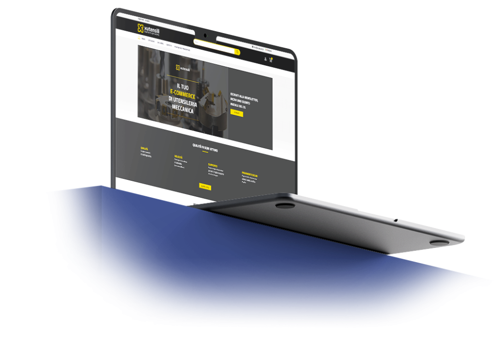 Laptop aperto con sito web di utensileria meccanica su sfondo bianco, viste grafica e design.