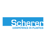 Logo Scherer con testo Competence in Plastics su sfondo bianco e blu, rappresentando competenza industriale.