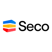 Logo Seco con design colorato a forma di S composto da blocchi blu, gialli e rossi su sfondo bianco.