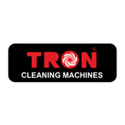 Logo TRON Cleaning Machines su sfondo nero, testo rosso e bianco, design moderno e accattivante.