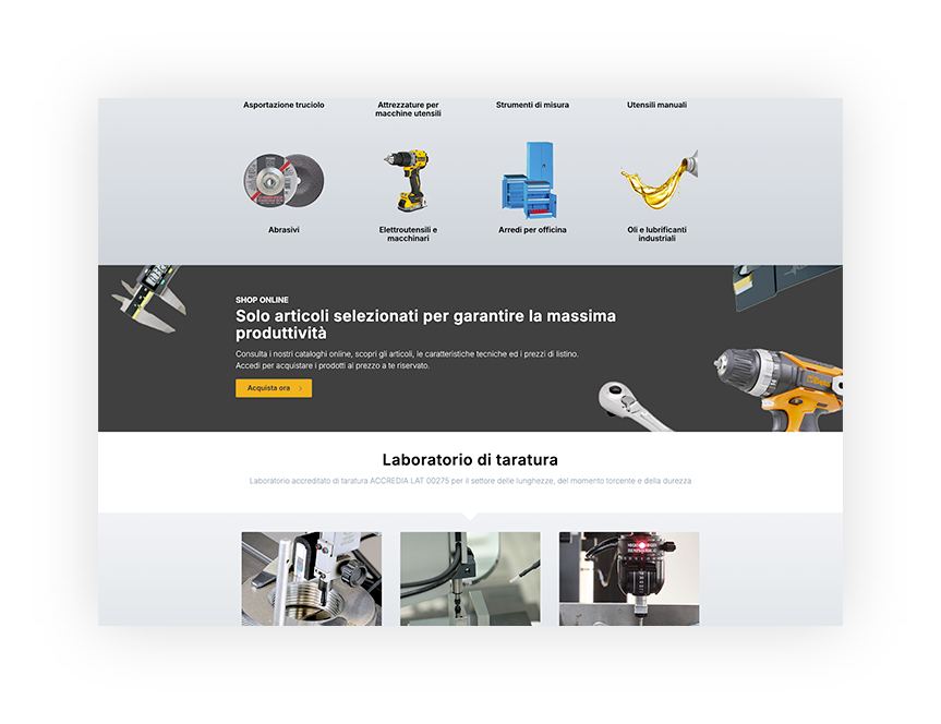 Pagina web di attrezzi industriali con categorie di prodotti come abrasivi, arredi e utensili per massima produttività.