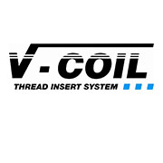 Logo del sistema V-COIL, inserti filettati, con testo nero su sfondo bianco e dettagli blu.