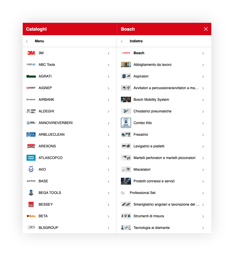 Menu cataloghi di strumenti, inclusi marchi come Bosch, ABC Tools, con categorie di attrezzi e abbigliamento da lavoro.