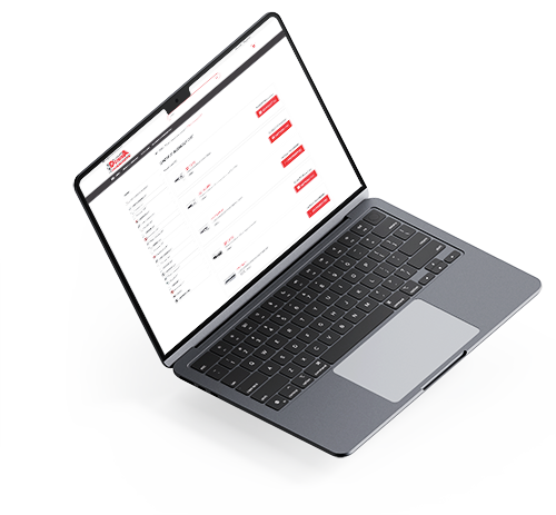 Laptop aperto che mostra una schermata di selezione di prodotti su sfondo bianco.