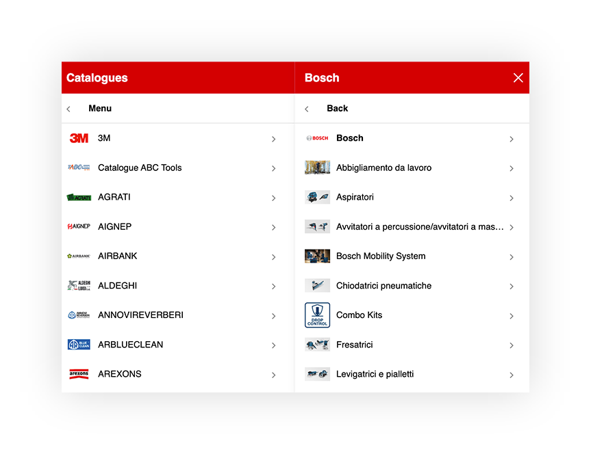 Menu cataloghi digitali con elenchi di marche e prodotti, inclusi Bosch e 3M, per articoli vari e attrezzature.